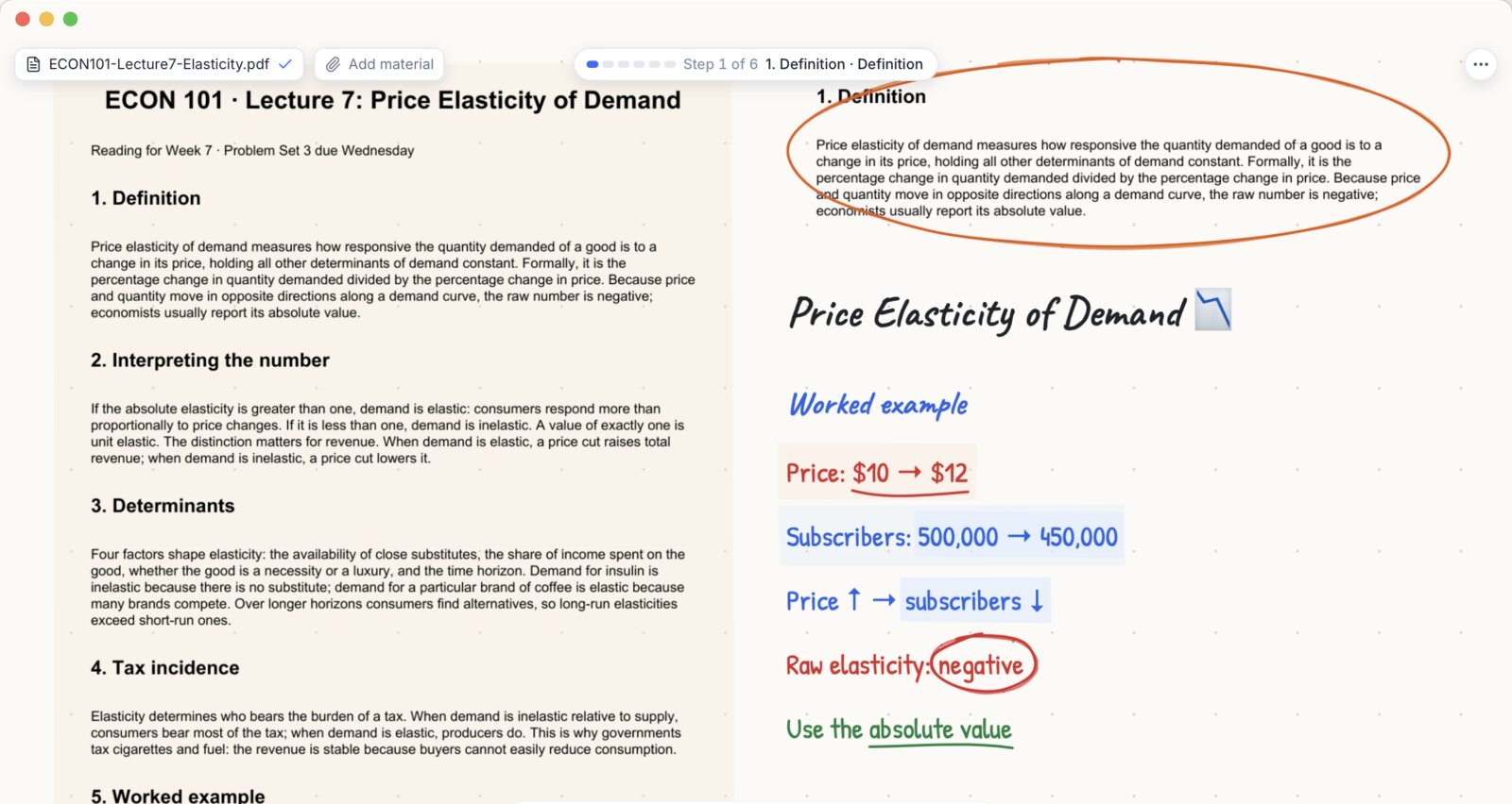 A real Sia Agent lesson: the ECON 101 handout on the left, and on the right the live whiteboard with 'Price Elasticity of Demand', a worked example (price $10 to $12, subscribers 500,000 to 450,000), 'raw elasticity: negative' circled, and 'use the absolute value' underlined