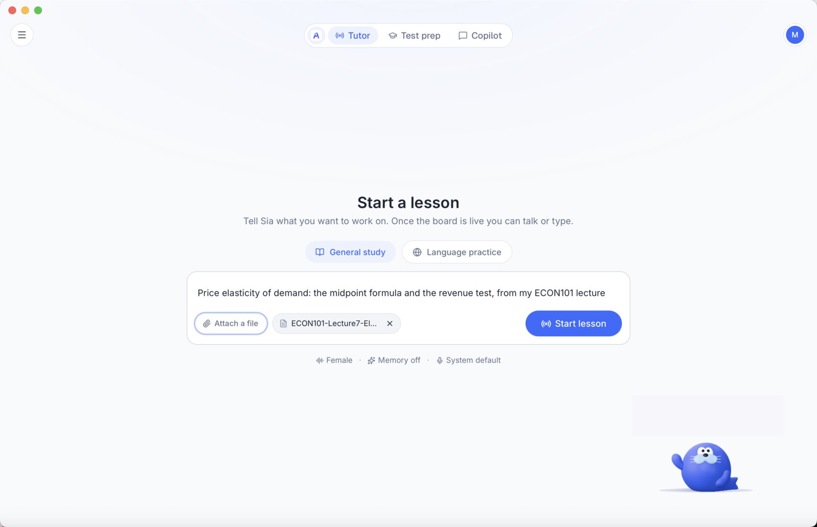 Start a lesson: the topic typed in one line, the ECON101 handout attached, language and voice set, and the Start lesson button