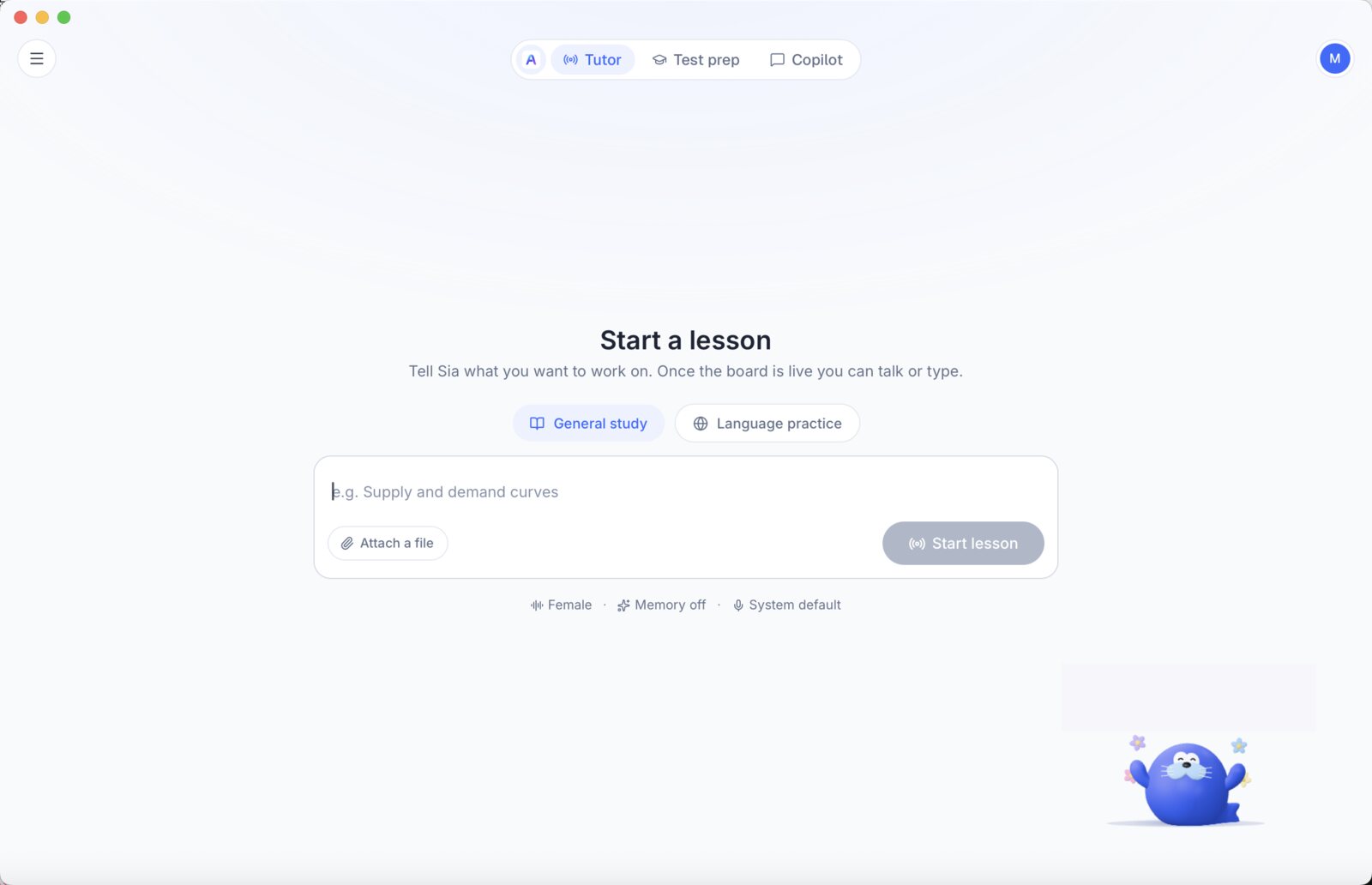The Tutor tab selected at the top, with Test prep and Copilot beside it, and the 'Start a lesson' screen