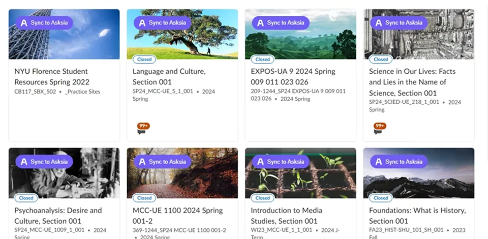 The Sync to AskSia button on every course card of a real course dashboard