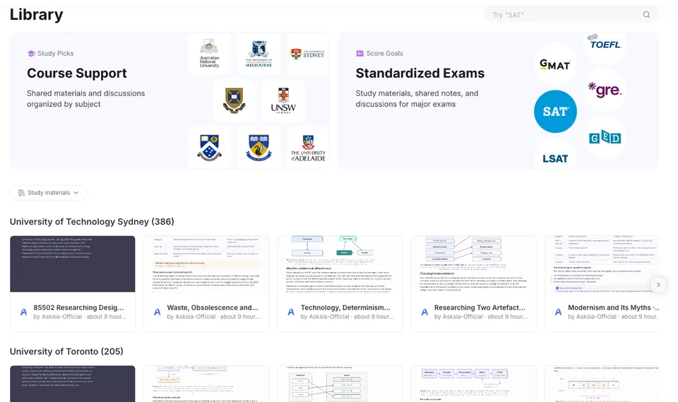 The AskSia Library: course support by university and standardized-exam materials