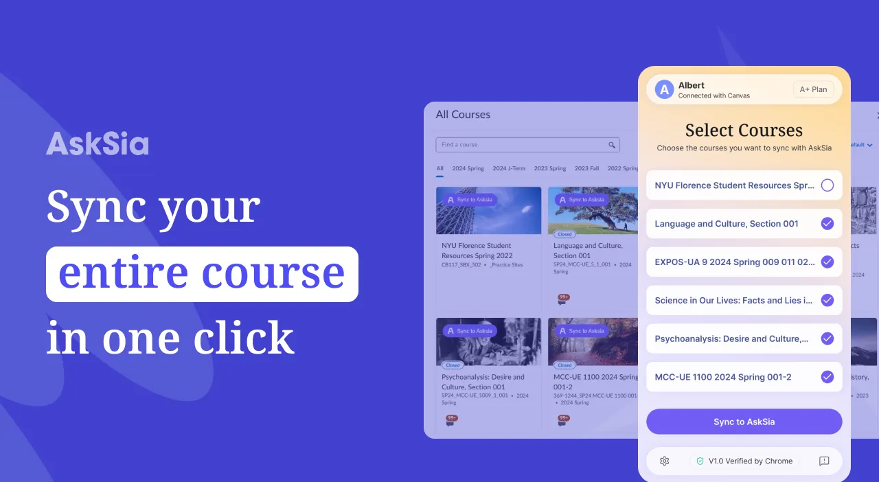 The AskSia extension on a real Canvas course page: every course shows a Sync to AskSia button, and the extension panel lists the courses selected to sync.